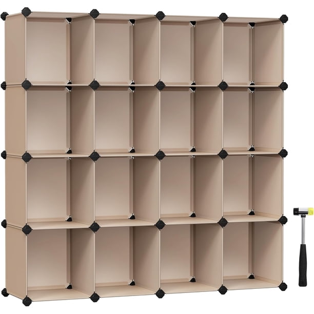 SONGMICS Armario Modular, Zapatero con 16 Cubos, 31 x 123 x 123 cm, Estante de Plástico PP, Marrón Camello