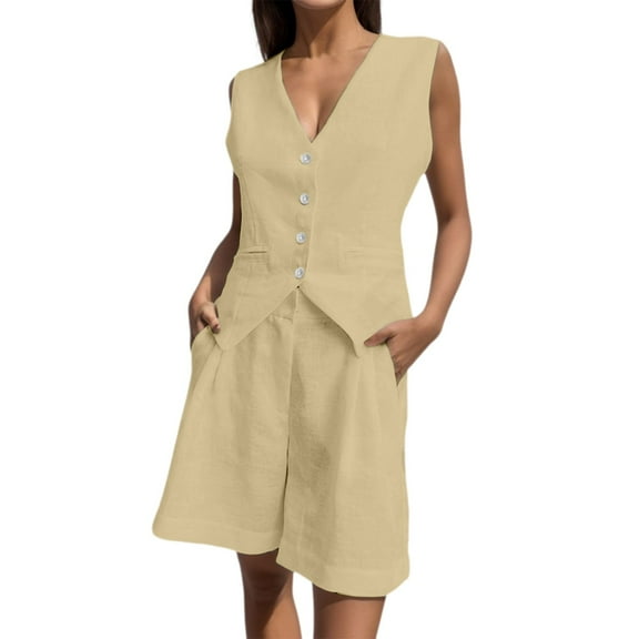 RMGVDSD Women Summer 2 Piece Outfits V Neck Sleeveless Button Down Vest Shorts Set Business Work Suit Sets Women Beach 2 Piece Outfits