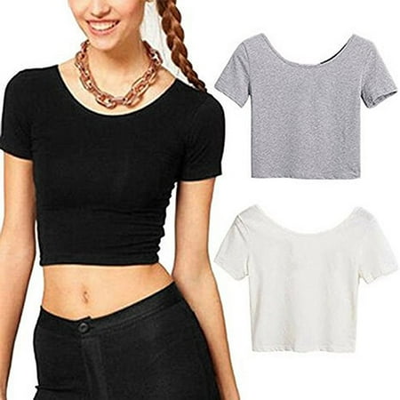 Bare Midriff Top - ZeAofa Women Sexy Scoop Neck Crop Tops Short Sleeve Bare Midriff Casual Blouse T-Shirt