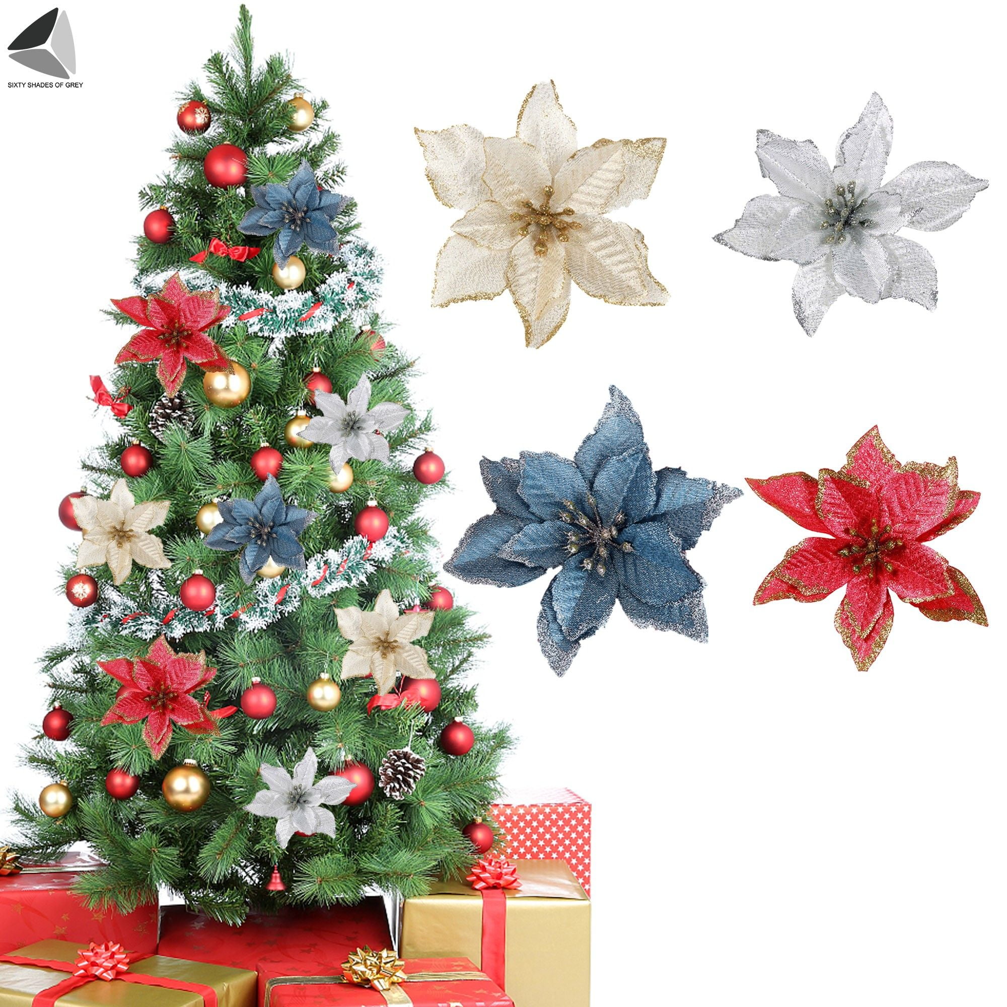 36 Pieces Christmas Glitter Poinsettia Flowers Decorative Artificial Flowers for Christmas Wreath Christmas Tree Ornaments Blue
