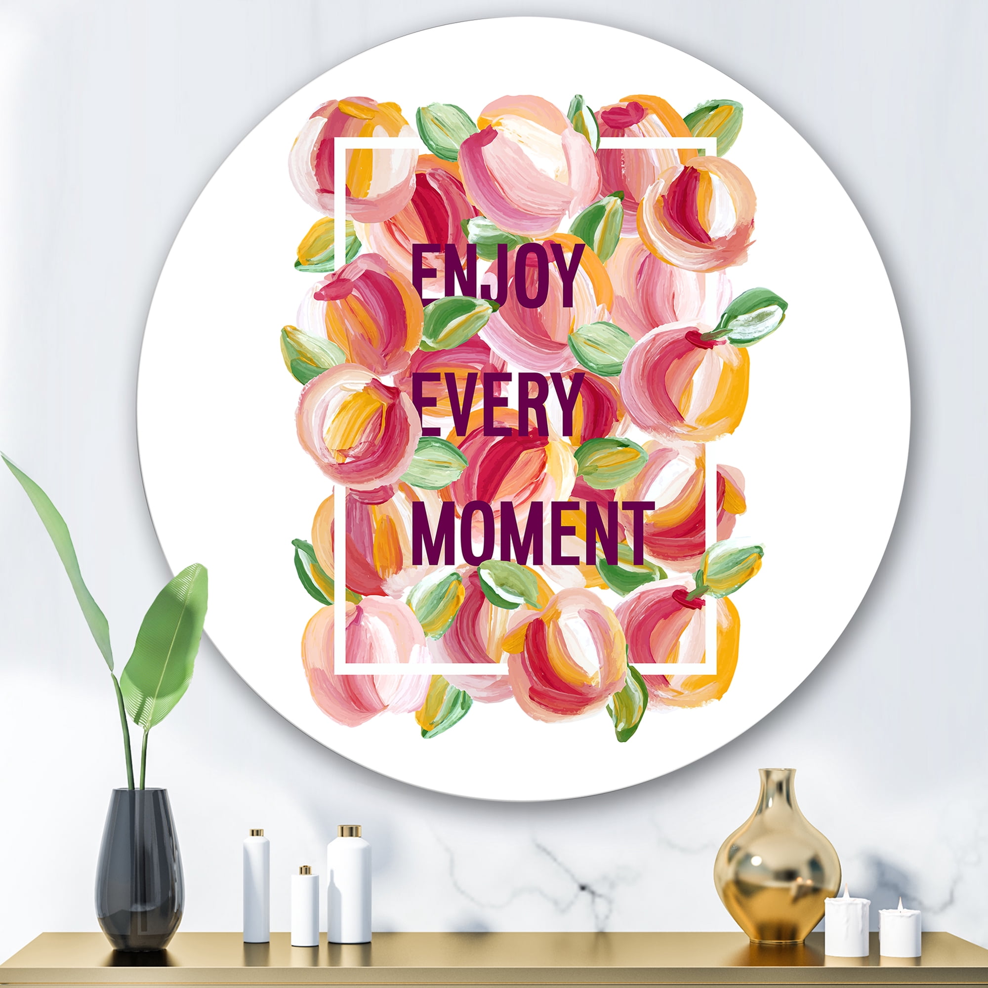 Designart 'Enjoy Every Moment Over Colorful Flowers' Traditional Circle Metal Wall Art 36x36 - Disc of 36