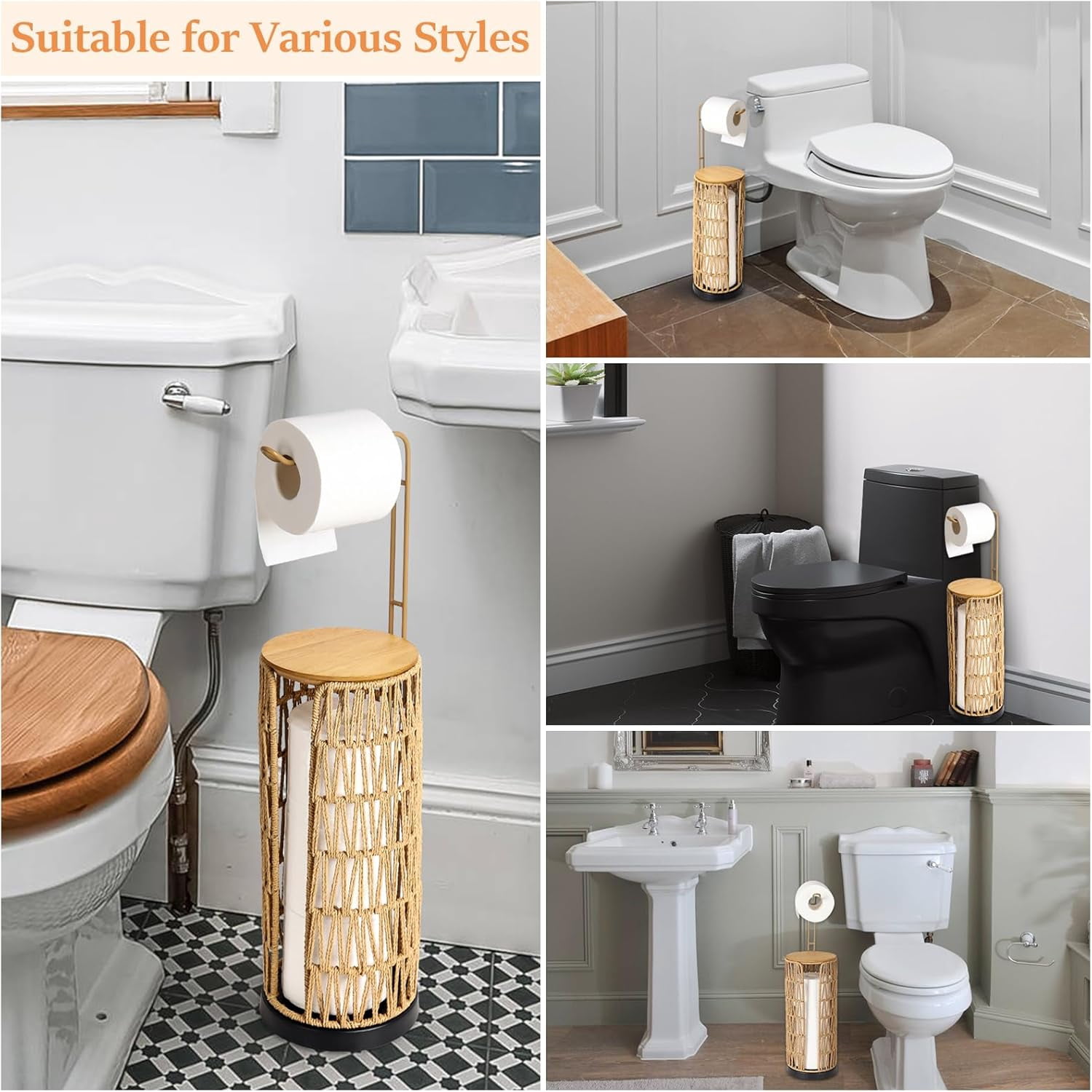 Freestanding Toilet Paper Holder With Storage 3 Rolls Of Tissue For Bathroom Handmade Woven Roll Stand Rattan Sturdy Boho Decor Farmhouse