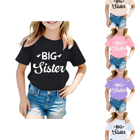 RTKFRFLM Big Sister Girls Fashion Short Sleeve Tee Casual Alphabet Print Crewneck T-Shirt Top for Kids Size 4-16