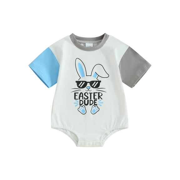 Qtinghua Newborn Infant Baby Boy Easter Jumpsuit Letter & Bunny Print Short Sleeve Romper Clothes Blue 0-3 Months