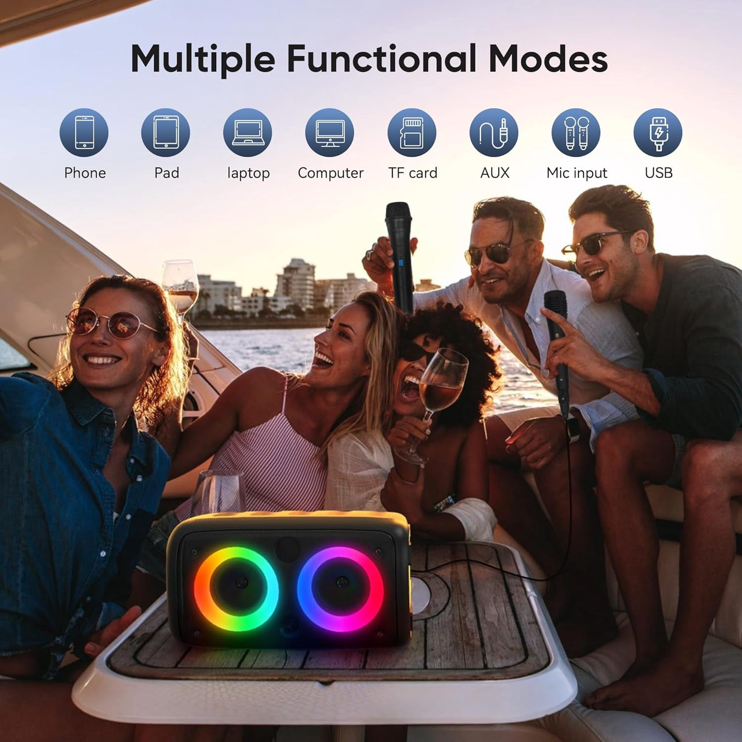 Portable Bluetooth Karaoke Machine with Wireless Mic LED Light TWS Rechargeable PA Speaker