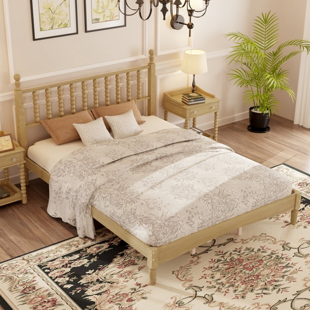 Noble House Queen Gourd Headboard Platform Bed,Wood Slat Support Retro Style Platform Bed,Natural