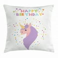 thumbnail image 1 of Unicorn Party Throw Pillow Cushion Cover, Happy Birthday Lettering Doodle Mythical Horse on Circles Swirls Background, Decorative Square Accent Pillow Case, 24 X 24 Inches, Multicolor, by Ambesonne, 1 of 2