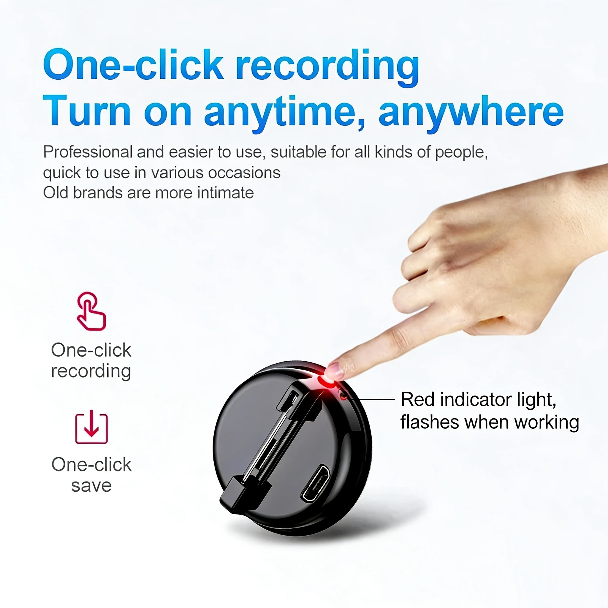 32GB Mini Digital Voice Recorder One-click Recording Micro Brooch Sound Recorder -384Hours 192kbps 120mah Professional Long Distance Voice Recorder MP3 Player, Flashing Indicator Light
