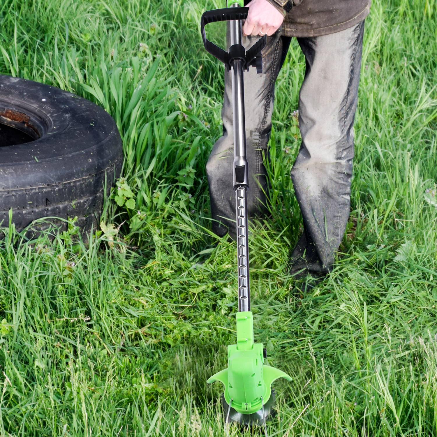 21V 300W Cordless Grass Trimmer Rechargeable Lawn Mower 18000M/Min Weed Cutter with Saw Blade 2 Stainless Steel Blades 10 Plastic Blades 2 Rechargeable Batteries Goggles Gloves