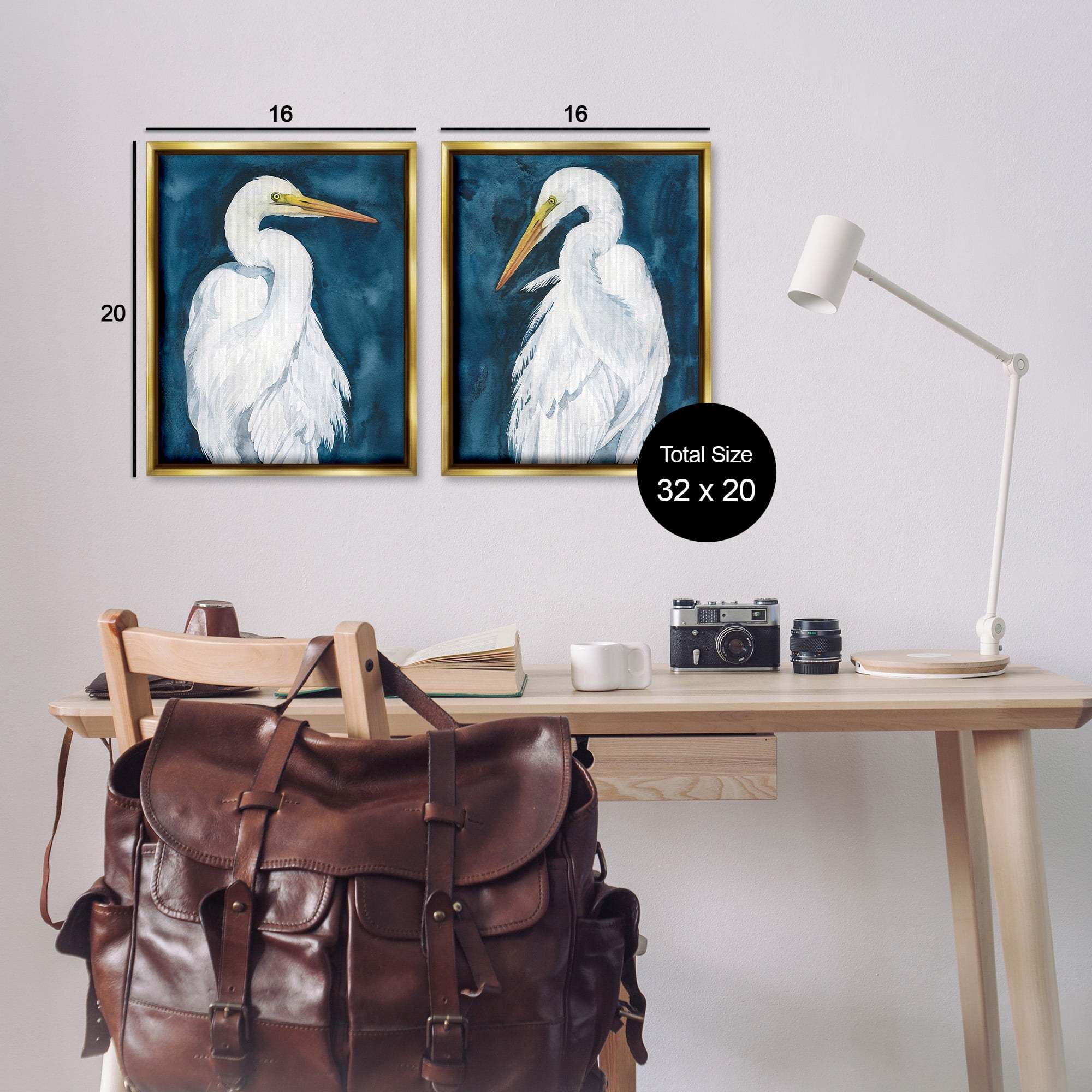 Stupell Industries Elegant Egrets on Blue Animals & Insects Painting Gold Floater Framed Canvas Art Print Wall Art, 17 x 21, Set of 2