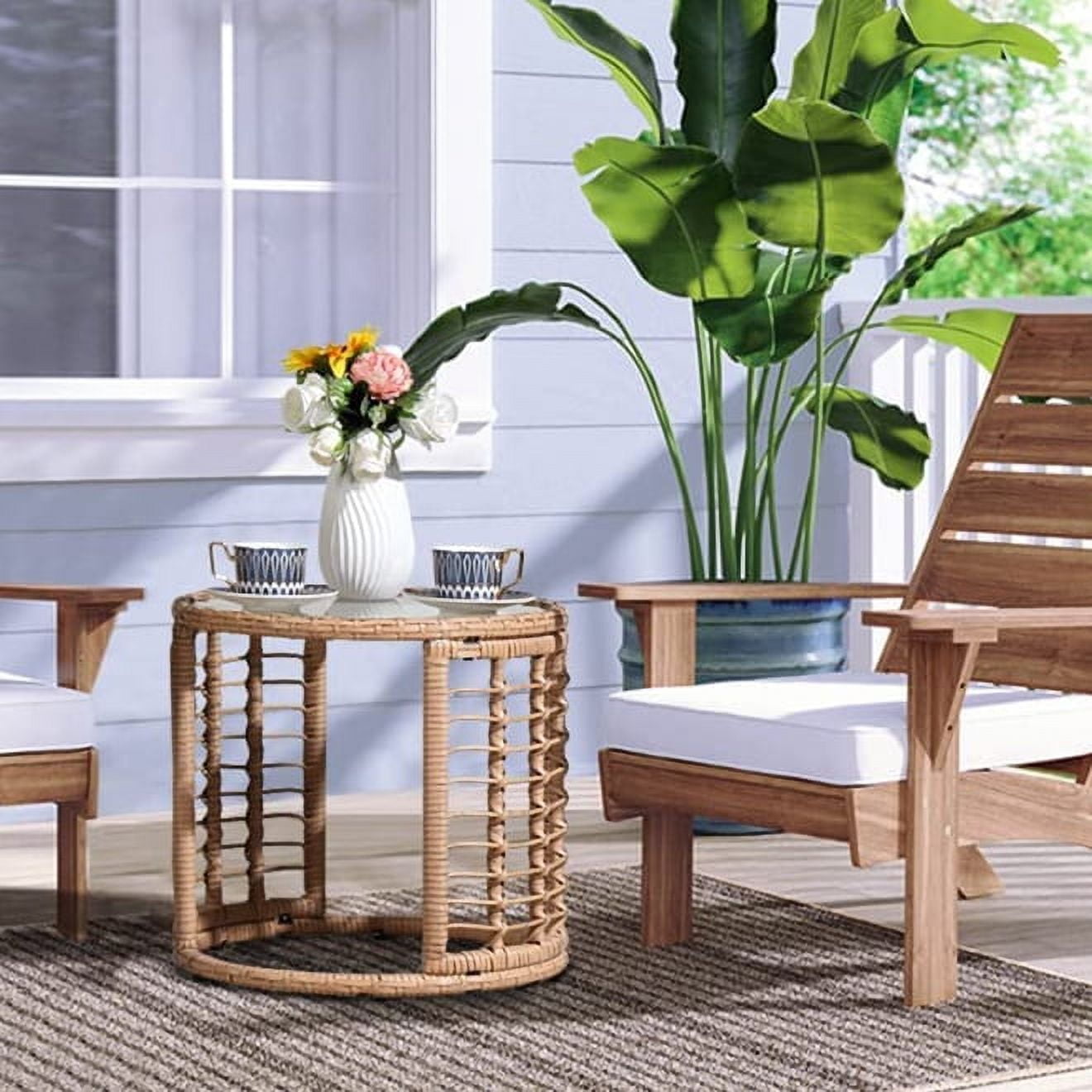 Outdoor Wicker Side Table, Patio End Table with Tempered Glass Top, All-Weather PE Rattan Round Coffee Table, Iron Frame, Beige