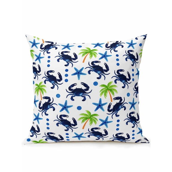 1 Pack Outdoor Throw Pillow, Crab Palm Trees Waterproof Pillow with Insert Included, Coastal Starfish Blue Nautical Seaside Decorative Accent Cushion Sofa Pillows for Patio Porch, 16 x 16 In