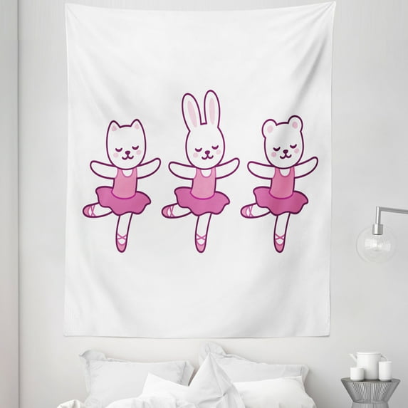 Dancing Bears Tapestry, Ballerina Bunny Classical Music Tutu Clothes Cartoon Illustration, Fabric Wall Hanging Decor for Bedroom Living Room Dorm, 5 Sizes, White Pink and Purple, by Ambesonne