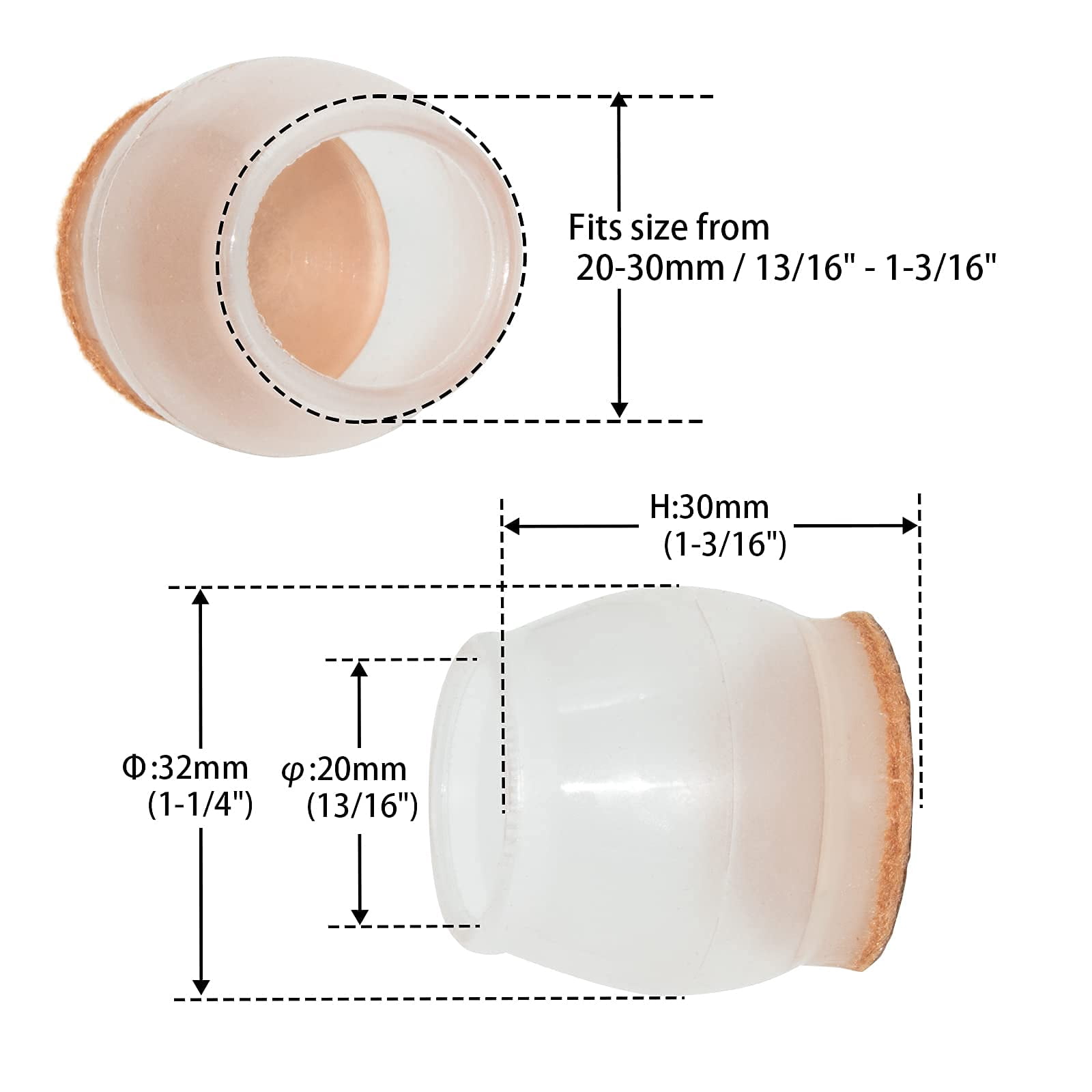 Flyshop Round Chair Leg Caps for Hardwood Floor, Transparent Chair Leg Floor Protectors with Felt Pads, Easy Sliding, Small Size 20 to 30 mm, 13/16" to 1-3/16", 16 PCS
