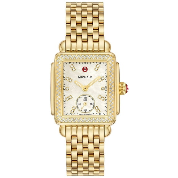 Michele Deco Mid Gold-Plated Steel Diamond Mother of Pearl Dial Rectangle Womens Watch MWW06V000124
