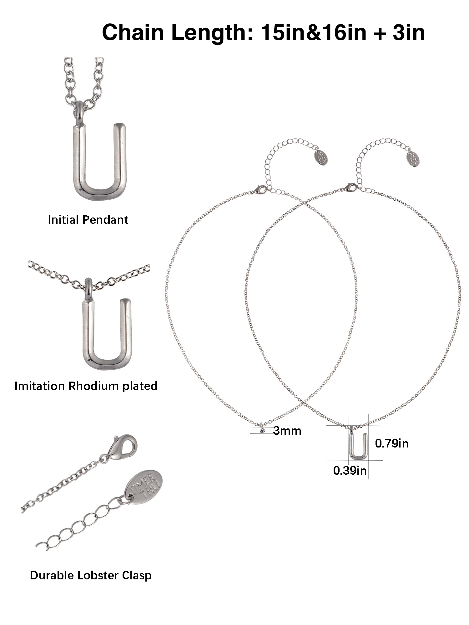 Time and Tru Silvertone Rolo Chain 2 Row Initial "U" Pendant Necklace