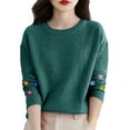 thumbnail image 3 of Women's Crochet Cuff Sweater, Long Sleeve Crewneck Pullover with Embroidered Wrist Detail, Boho Chic Knit Top, Artisan Style Crochet Accent Blouse for Women Blackish Green L, 3 of 10