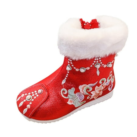 

GEZHEN Toddler Rain Boots Girls Shoes Warm Embroidered Boots Ethnic Style Princess Cotton Boots Girls Shoes National Boots Kids Boots