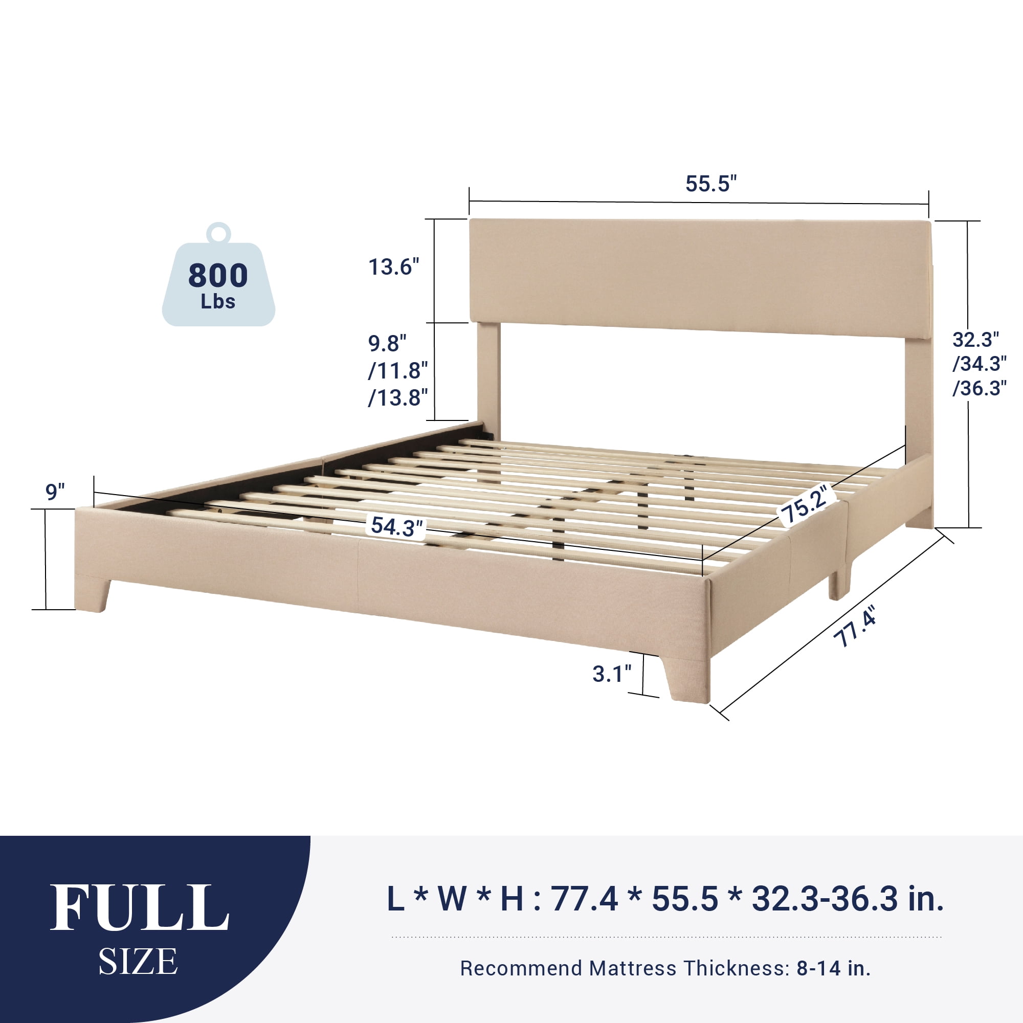 Sifurni Full Size Platform Bed Fame with Upholstered Adjustable Fabric Headboard, Beige