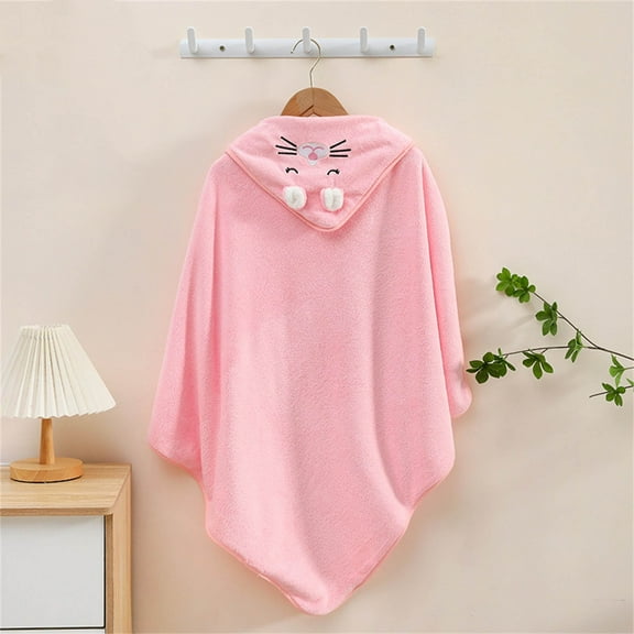 Zunfee Juniors Pink Hooded Bathrobe - 100% Polyester, Cat Embroidery & Fluffy Pom-Poms, Poncho-Style, Cozy Post-Shower Home Loungewear, Size M