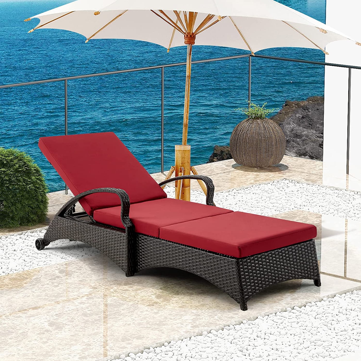 HOMREST Patio Chaise Lounge for Outside, Adjustable Rattan Pool Lounge Chair with Wheels and