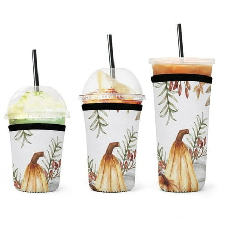 

Set of 3 Packs Reusable Hot And Iced Coffee Cup Sleeve Neoprene Tumbler Sleeve Thanksgiving Pumpkin Autumn Maple Leaves(16 24 32oz)