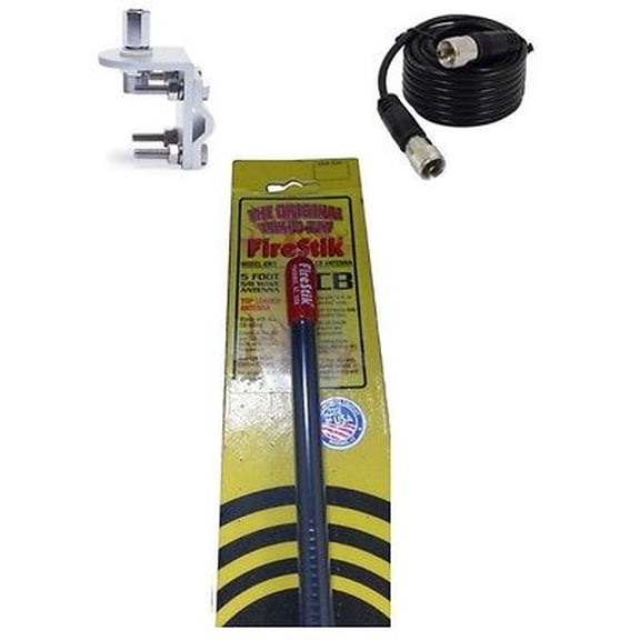 NEW FIRESTIK KW5 B 5FT BLACK CB ANTENNA, 18FT COAX, BRACKET & STUD