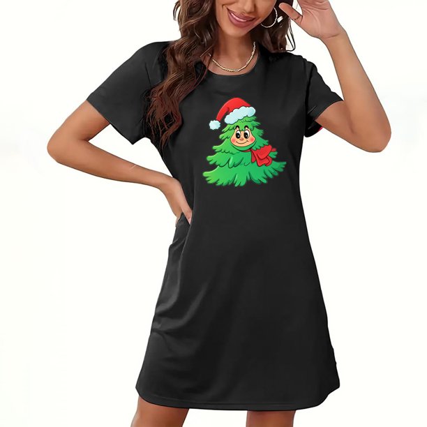 Camisón corto navideño para mujer, talla grande, cuello redondo, manga corta, estampado en el pecho, vestido de noche para mujer