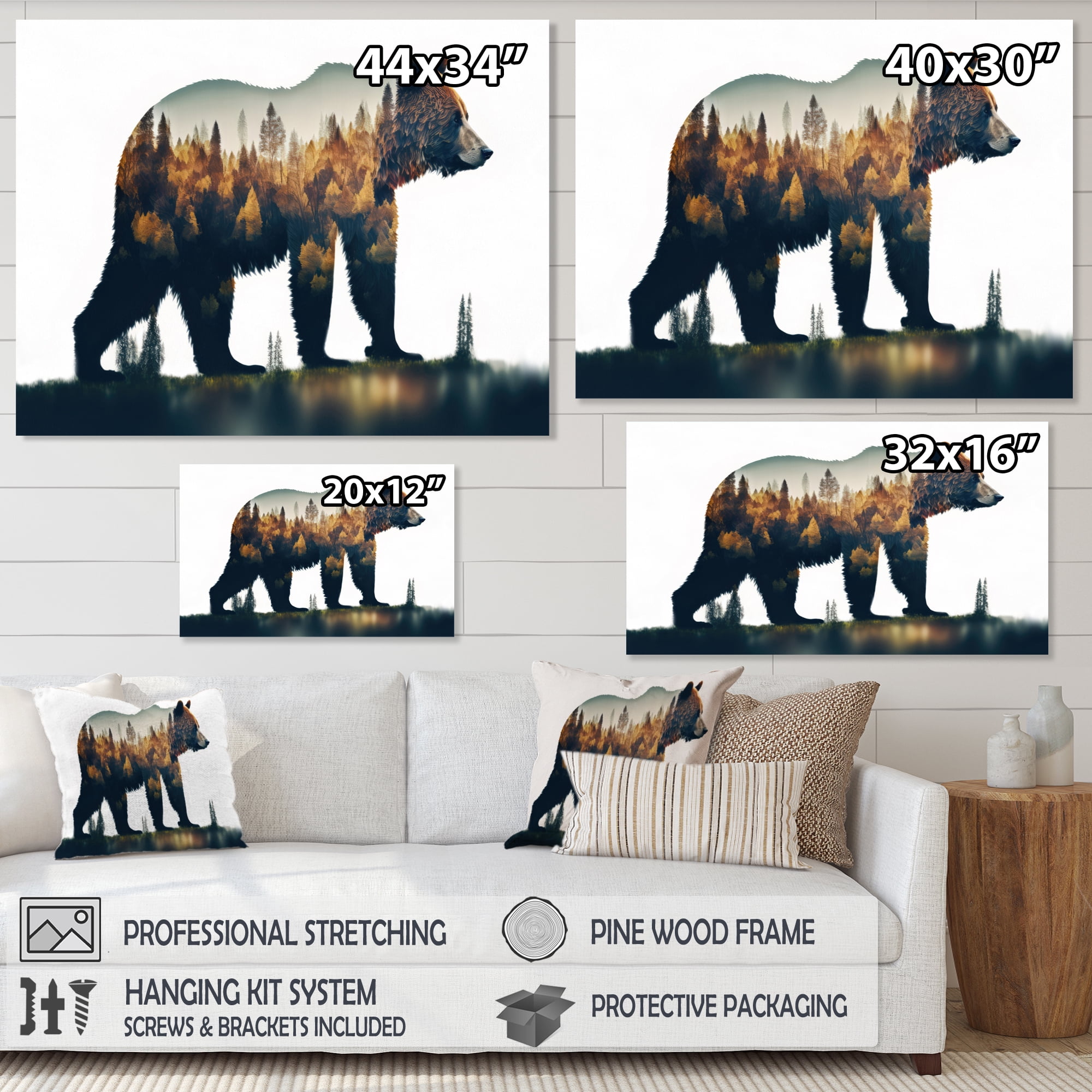 Designart Double Exposure Of A Bear With Forest V Canvas Wall Art
