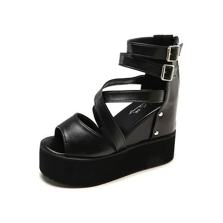 

Lumento Women Casual Shoes Summer Platform Sandal Beach Wedge Sandals Anti-Slip Party Buckle Cross-Strap Black Cloth Upper 7 Black PU Upper
