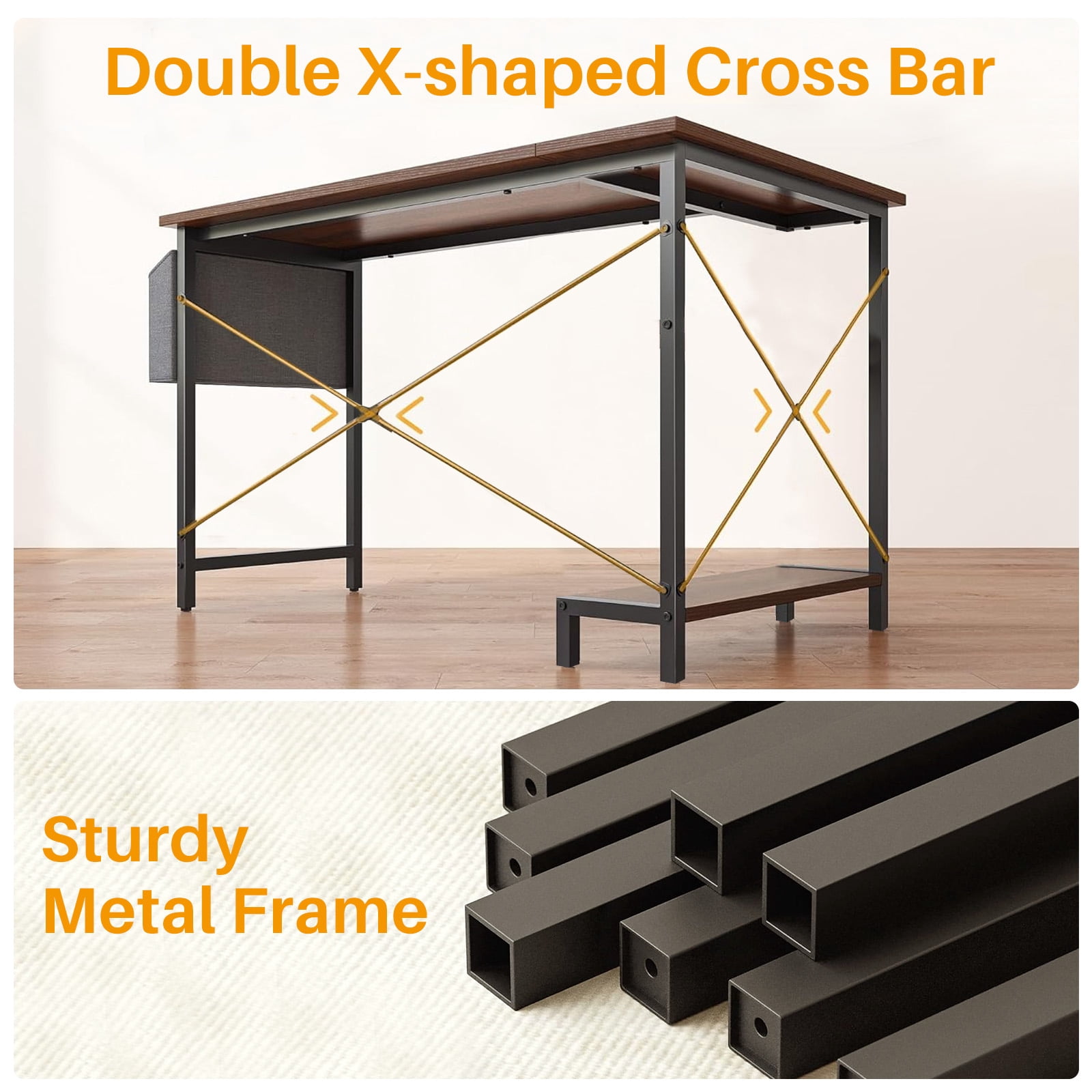L Shaped Gaming Desk, 50 Inch Reversible Corner PC Work Table for Writing Study, Wood Tabletop and Metal Frame, CPU Stand Side Bag for Home Office Small Space, Brown