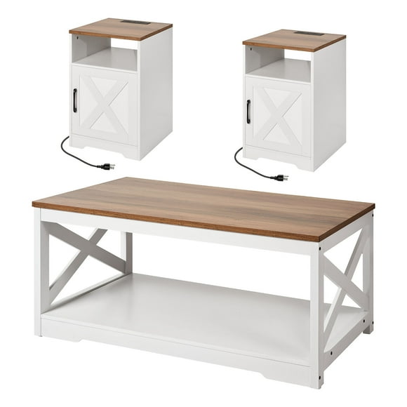 KFFKFF 3 Pieces Farmhouse Coffee Table Sets, 40 in Industrial Coffee Table with 2 End Side Tables, Easy Assembly Coffee and End Tables Sets with Charging Station