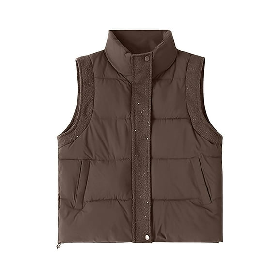 Htigea Fall Winter Short Vest for Women Sleeveless Stand Collar Jackets Warm Padded Gilet with Pockets Coffee M