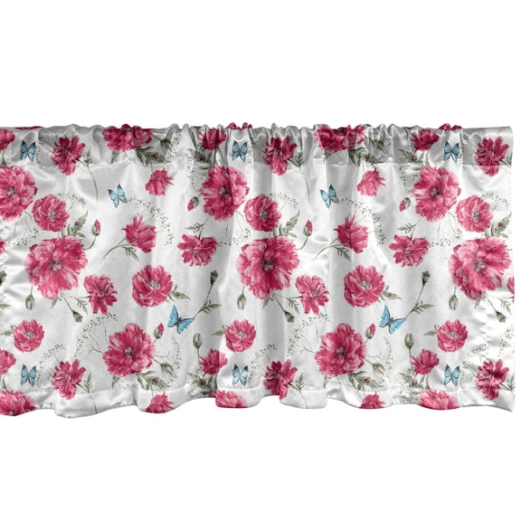 Butterfly Window Valance, Mothers Day Spring Themed Blossoming Nature Image Poppy Flowers Print, Curtain Valance for Kitchen Bedroom with Rod Pocket, 54" X 18", Pink Reseda Green Blue, by Ambesonne