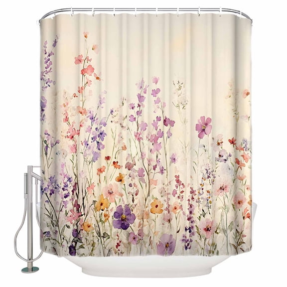Extra Long Shower Curtain 72x84 Inch, Purple Pink Floral Shower Curtain Waterproof Bathroom Decor Spring Flowers Farmhouse Fabric Bath Curtain Set Accessories with Hooks