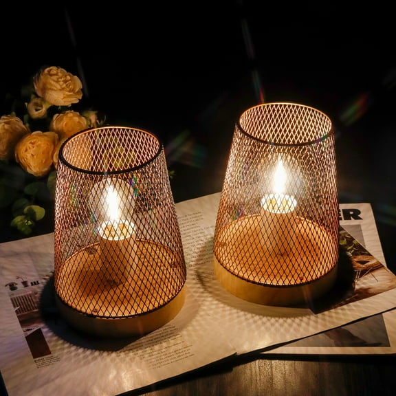 Set of 2 Metal Mesh Table Lamp LED Cordless Lamp Battery Powered with 6-Hours Timer Feature Modern Battery Lamp 7''H with Edison Bulb for Indoor Garden Party Balcony(with Wooden Base)