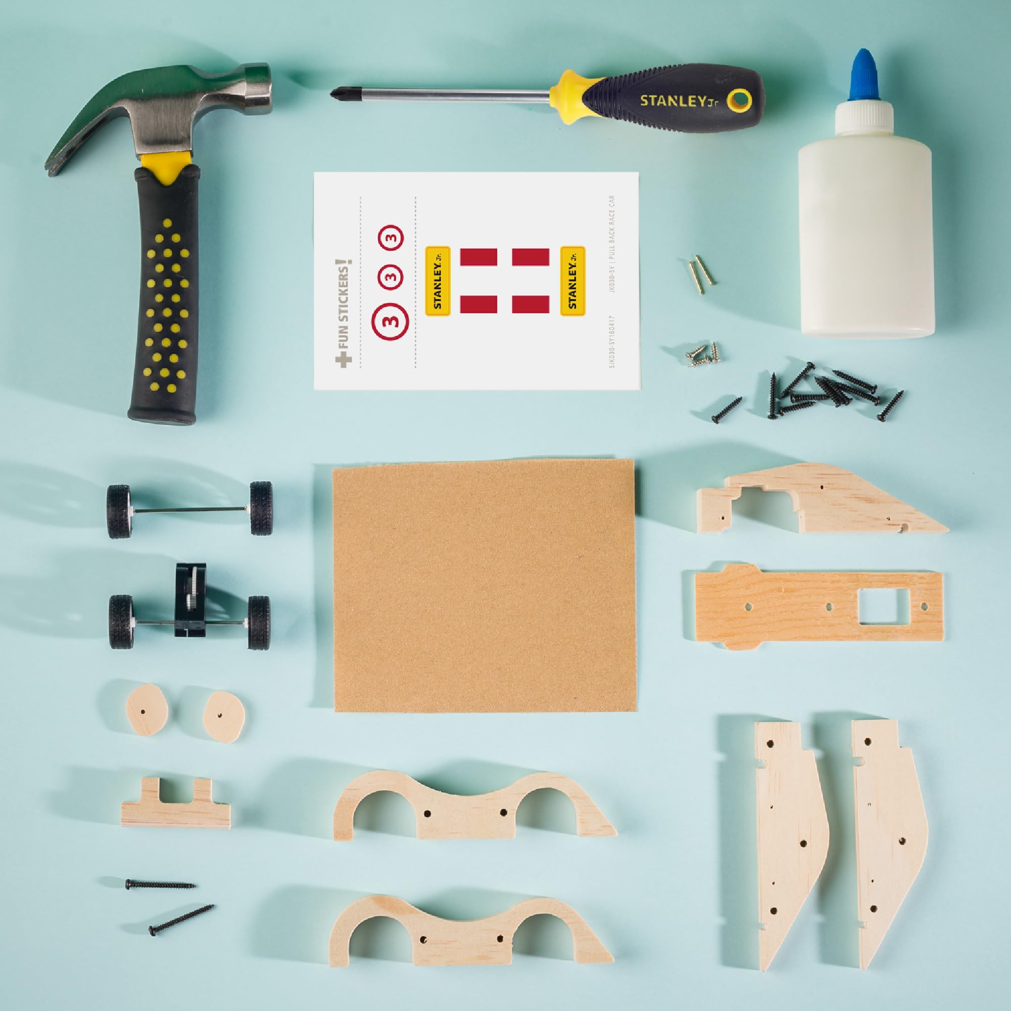 STANLEY Jr. DIY Pull Back Sports Car Building Kit for Kids Wood Racer W/ 5 Pcs Tool Set Beginning Woodworking Set with Paints, Ages 5 to 12