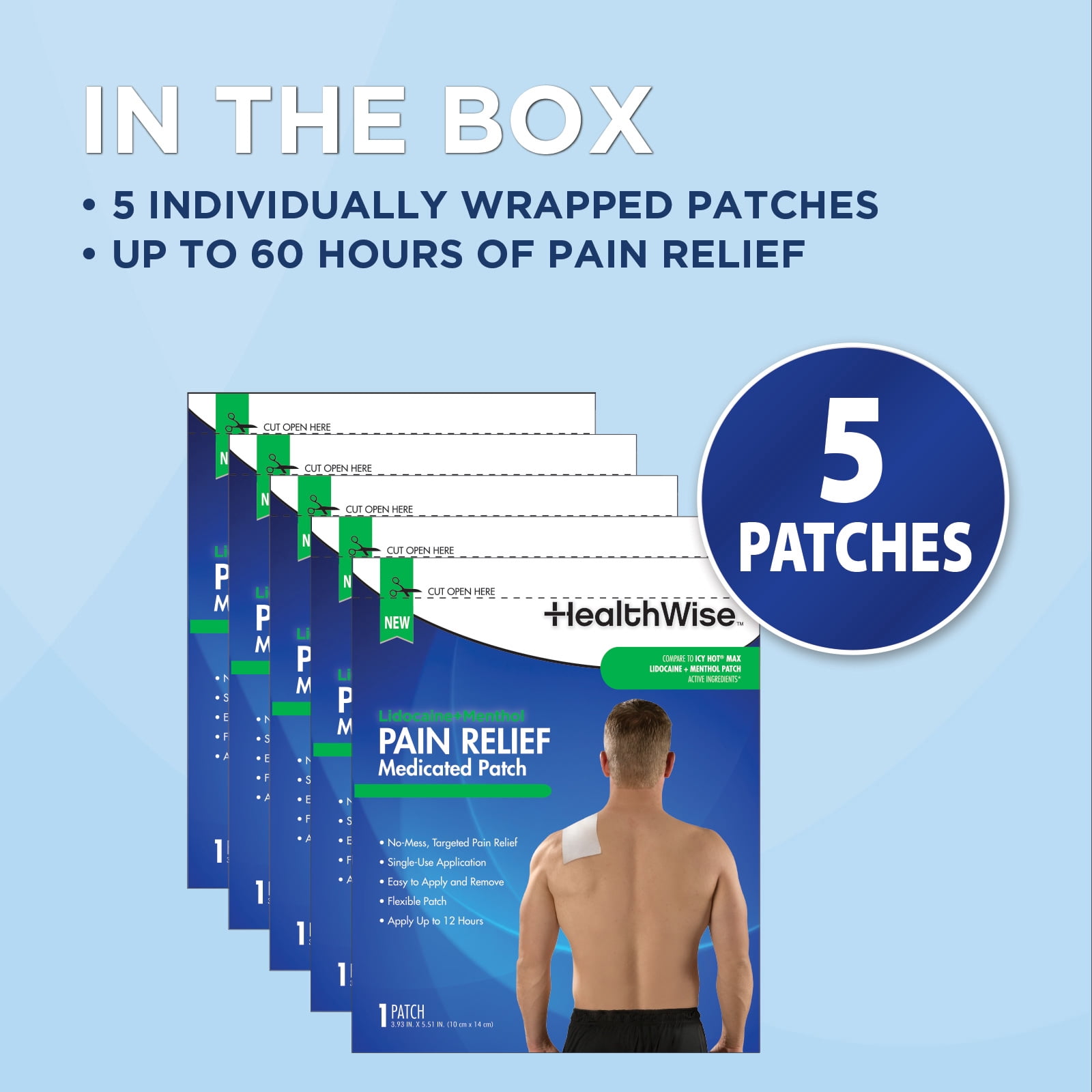 HealthWise 4% Lidocaine + 1% Menthol Pain Relief Patch | Maximum OTC Strength Lidocaine | 5-Count | 3.93” x 5.51” | Soothes Minor Aches and Pains | Topical Anesthetic + Analgesic | Easy to Apply