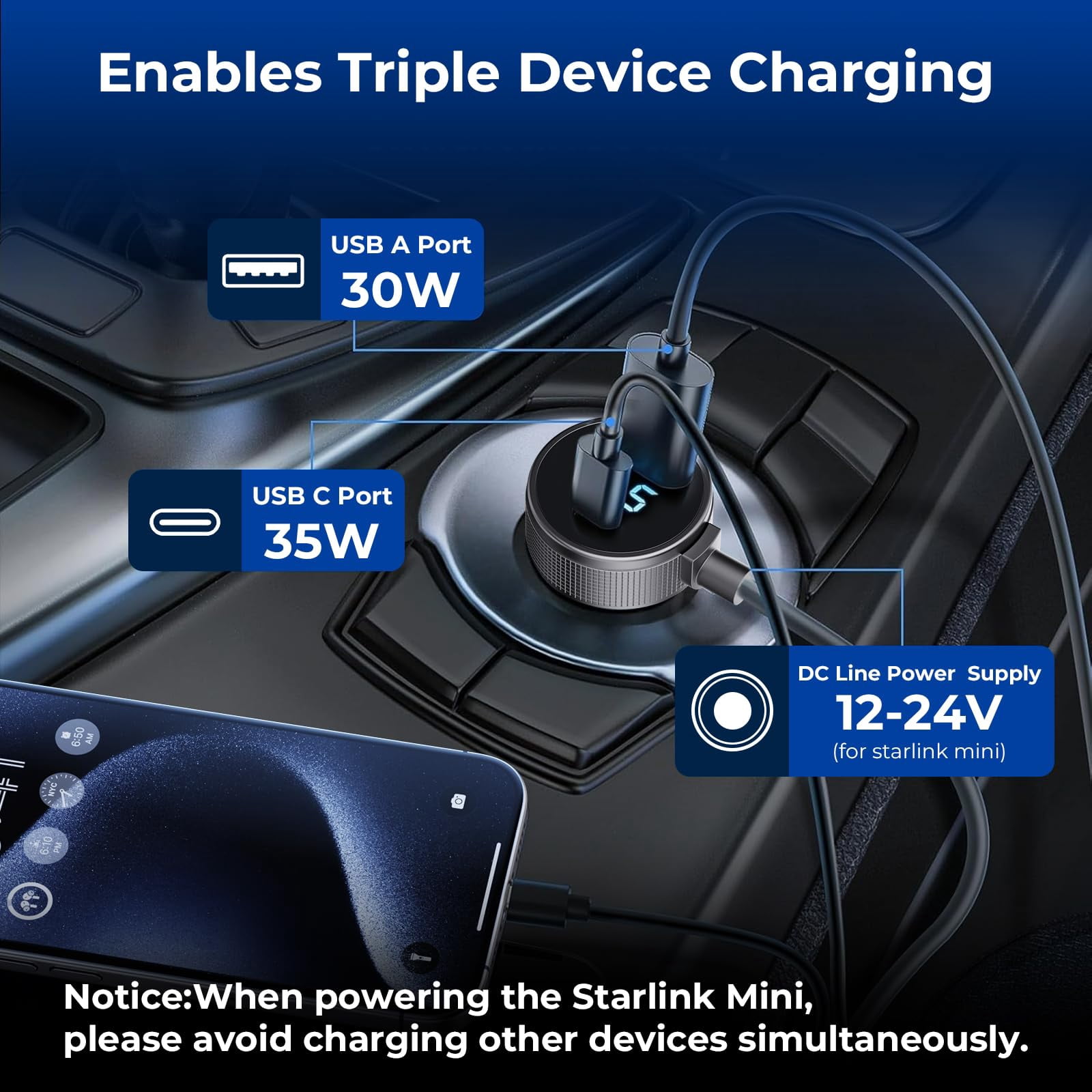 Starlink Mini Cable, 3 in 1 Starlink Mini DC Power Cable Car Charger  and Cigarette Lighter Adapter 12V-48V with Digital Display,  USB-C and USB-A Ports for Trucks and Cars, 10FT Cable