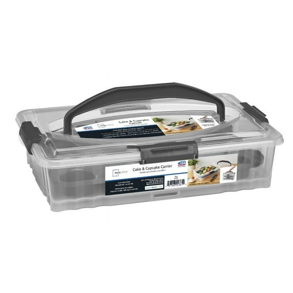 Mainstays Dessert Carrier, Rectangular Design, Clear Plastic with Dark Gray Handle and Clasps, Includes Slice-and-Serve Utensil (1 Each) 18" x 12" x 4.3"