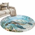 thumbnail image 2 of Sea Turtle Coastal Round Area Rug 3.3 FT, Non Slip Small Entryway Kitchen Mat, Summer Beach Teal Coral Starfish Washable Soft Circular Rug Non-Shedding Door Mat for Bathroom Playroom Kids Room, 2 of 9