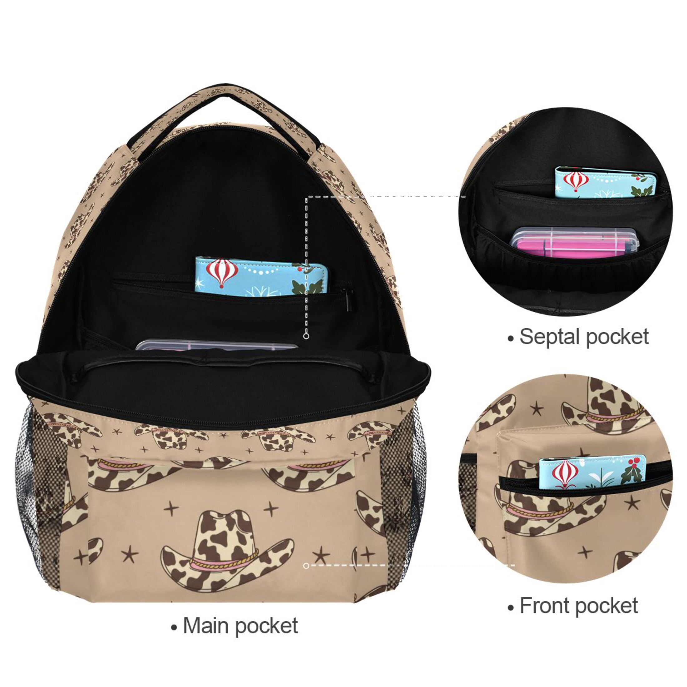 BZSMCE Backpack Schoolbag 15L/18L 2-SIZE Retro Cowboy Hats with Cow Print Wild West Pattern Pattern For the Backbags