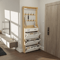 thumbnail image 3 of Holaki Coat Rack with Shoe Rack, 3 Flip Drawers and 2 Storage Drawers, PVC Door with Large Space for Storage, Oak, 3 of 13