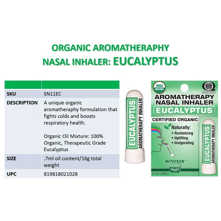 Nasal Inhaler Aromatherapy Eucalyptus Made with 100% Pure Therapeutic Grade Organic Essential Oils 0.7 ml by Sponix