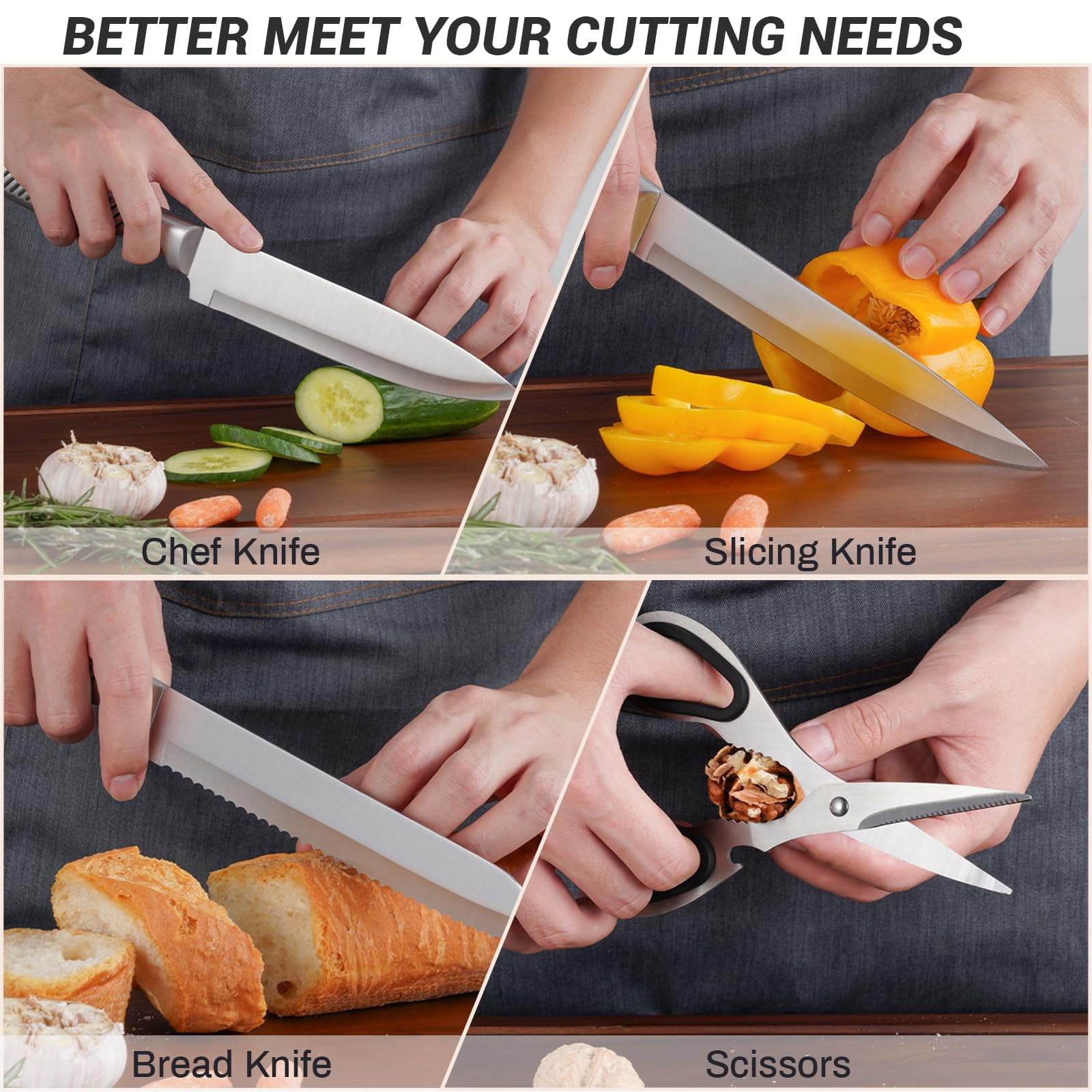 7-Piece Kitchen Knife Set with Block, Stainless Steel Sharp Blades, Anti-Slip Handle, Universal Knife Storage, Professional Cutting Essentials for Home & Apartment (Silver)