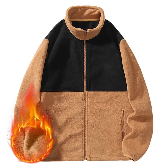 Chiccall Men's Fleece Jackets Loose Colorblock Stand Collar Full Zip Jackets Fall Winter Loose Thermal Outdoor 2 Zipper Pockets Coat for Casual & Workout