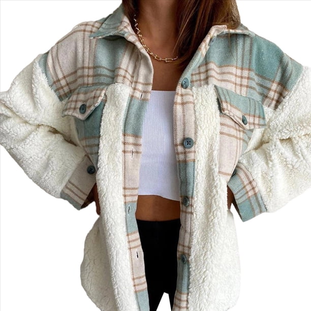 Chaqueta de Franela Abotonada de para Mujer, con Solapa Afelpada, Larga, Blusa A Cuadros, Otoño Verde S