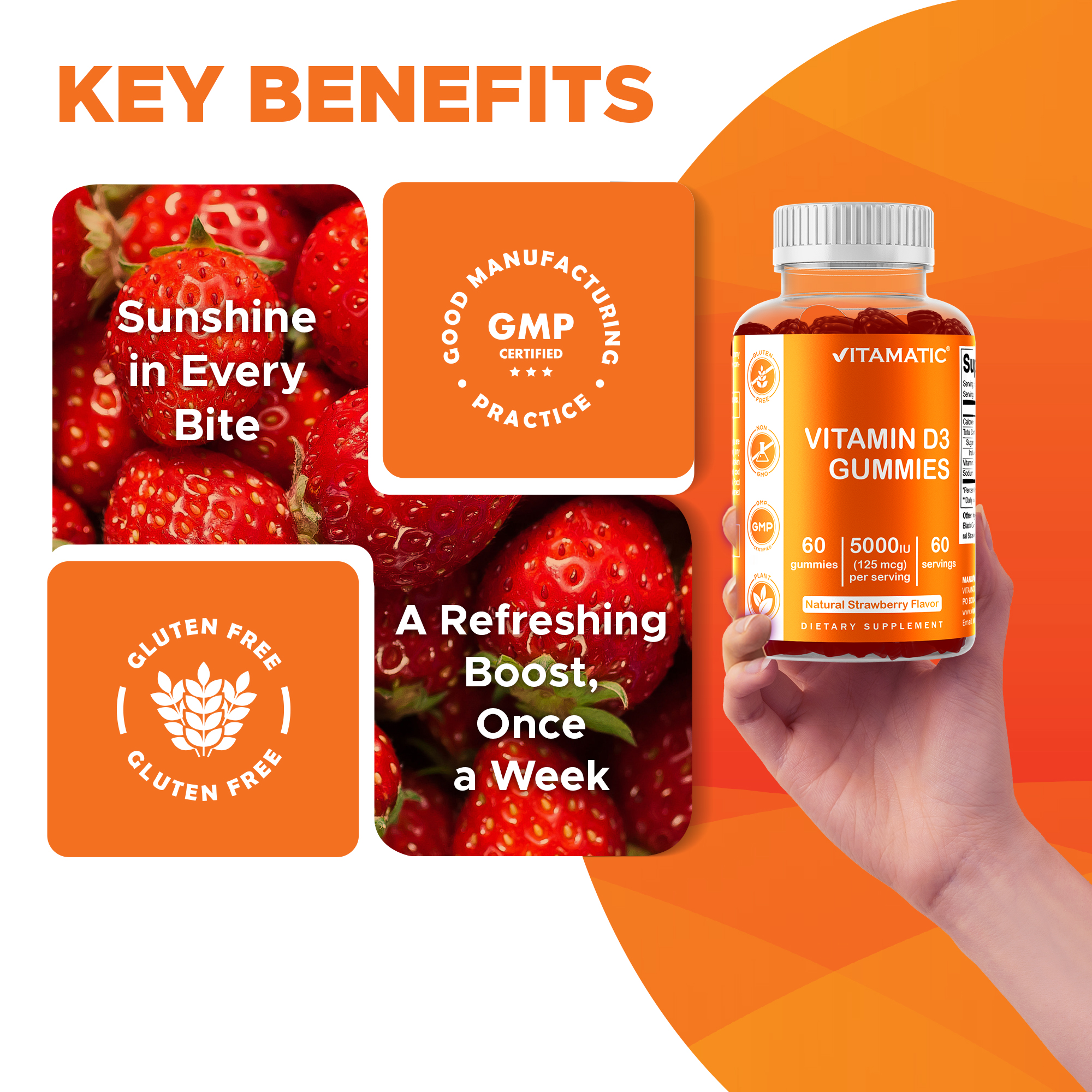 3 Pack Vitamatic Vitamin D3 Gummies - 5000 IU Per Gummy - 60 Gummies - Great Taste - Healthy Bones, Teeth, Mood, Joint & Immune System Function (Total 180 Count)
