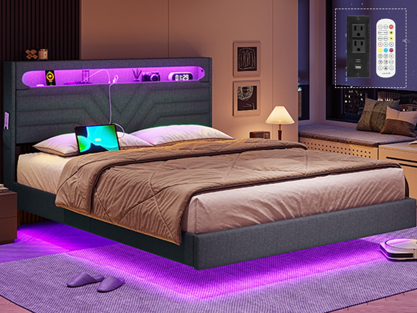 Afuhokles Queen Floating Bed Frame with LED Lights Headboard, Linen Upholstered Platform Bed with Storage Headboard, Dark Gray