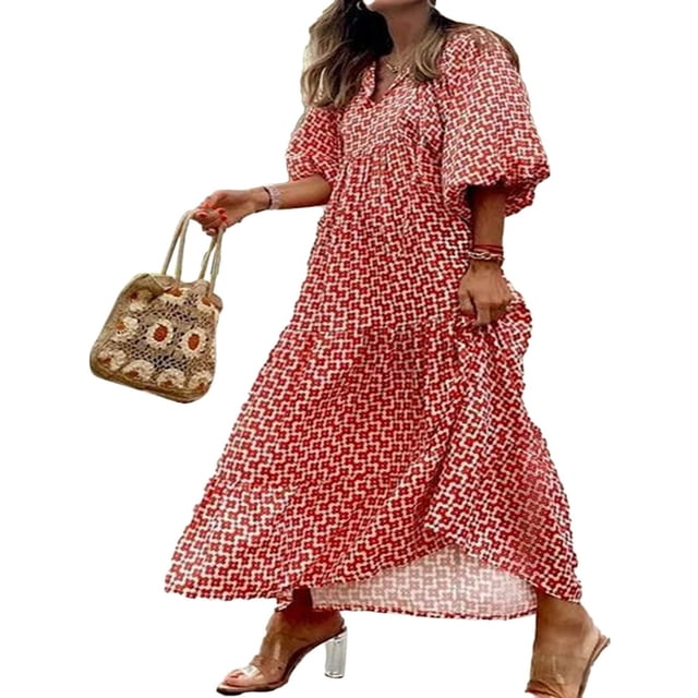 PENGXIANG Robe Maxi Bohème Florale à Manches Bouffantes Superposées Décontractée Ample Vacances Plage Longue Robe